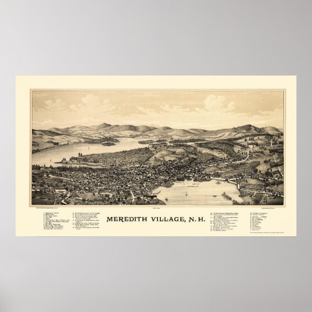 Meredith, NH Panoramic Karta - 1889 Poster (Framsidan)