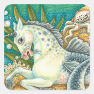 MERHORSE & WHITE OCTOPUS, FANTASY UNICORN HORSE FYRKANTIGT KLISTERMÄRKE