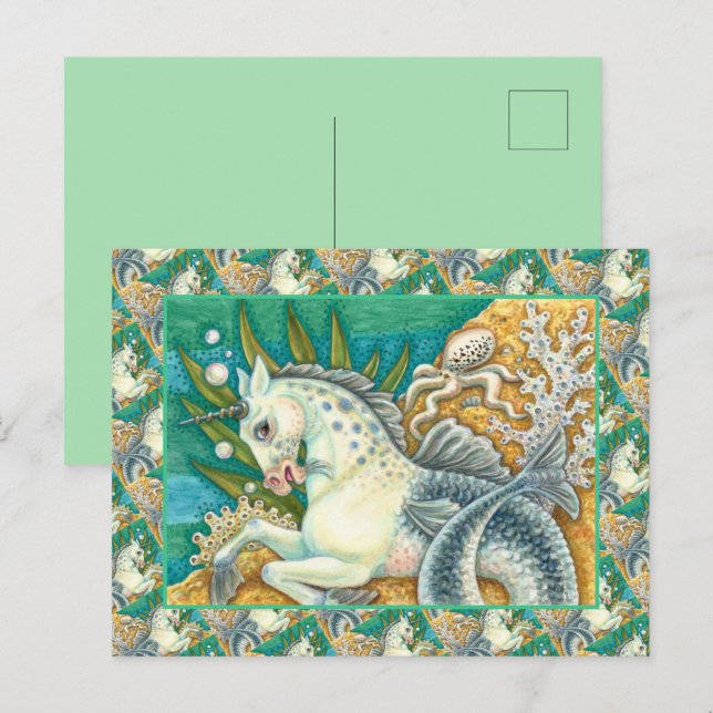 MERHORSE & WHITE OCTOPUS, FANTASY UNICORN HORSE VYKORT (Fram/baksida)