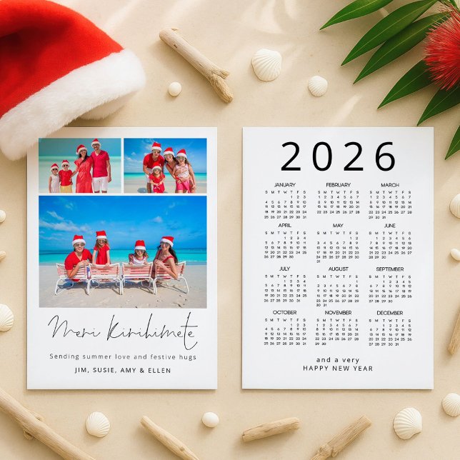 Meri Kirihimete 3 Foton 2026 Kalender NZ Julkort (Front and back view)
