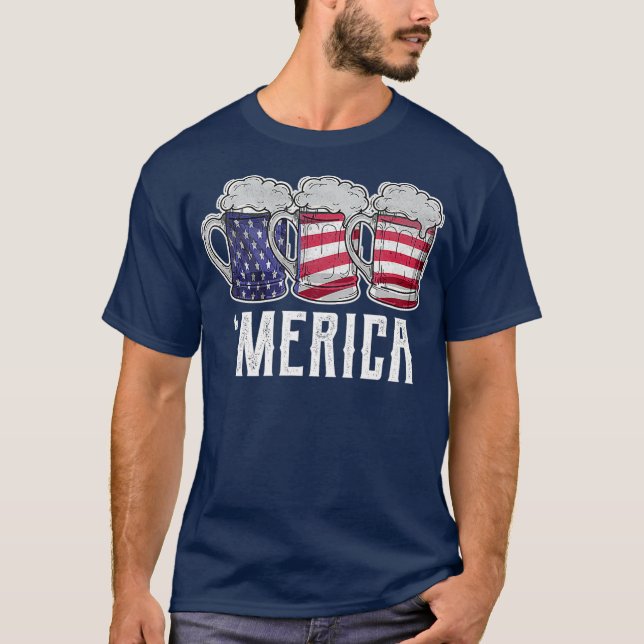 Merica 4:e juli Beer American Flagga Day T Shirt (Framsida)
