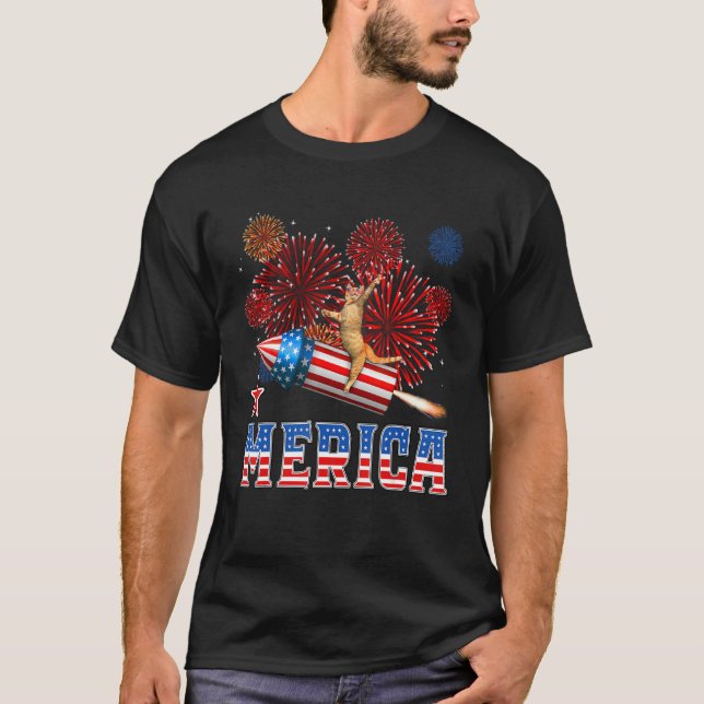 Merica 4th of July Cat Riding Firework Rocket Patr T Shirt (Framsida)