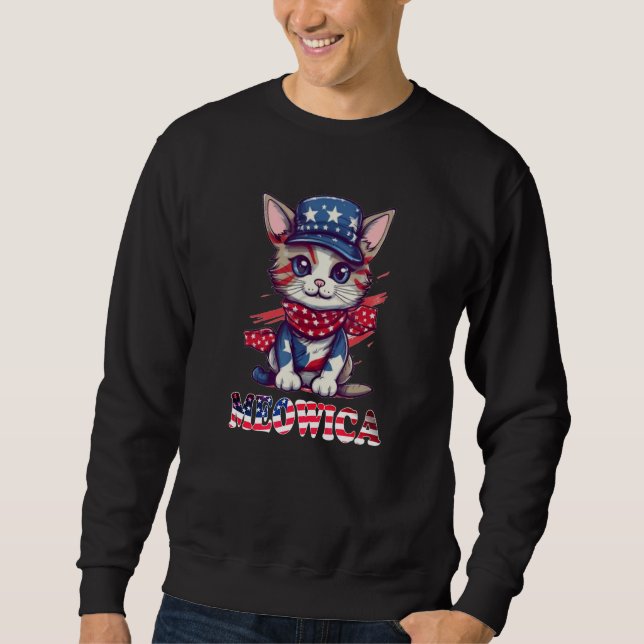 Merica 4th of July Meowica Kitty Cat American Flag Lång Ärmad Tröja (Framsida)