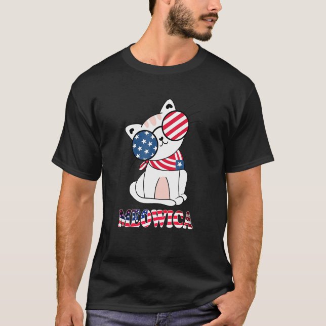 Merica 4th of July Meowica Kitty Cat American Flag T Shirt (Framsida)