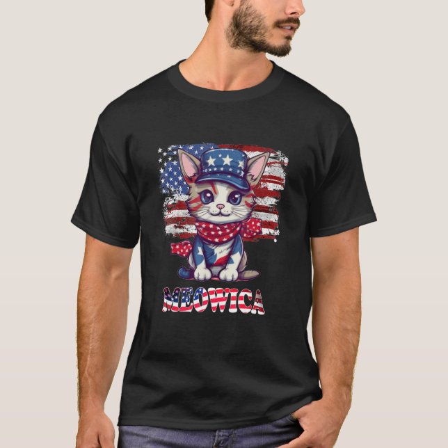 Merica 4th of July Meowica Kitty Cat American Flag T Shirt (Framsida)