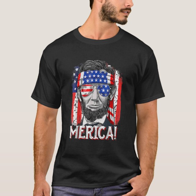 Merica Abe Lincoln 4:e juli Manar American Flagga  T Shirt (Framsida)