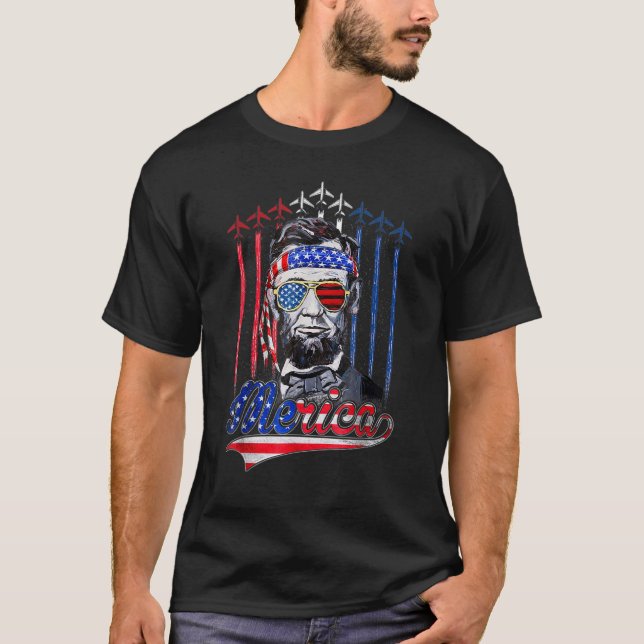 Merica Abraham Lincoln 4:e juli amerikanska Flagga T Shirt (Framsida)