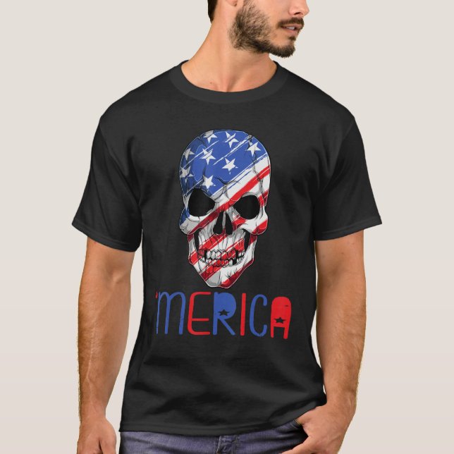 Merica American Flag Skull Sunglass 4th July T Shirt (Framsida)