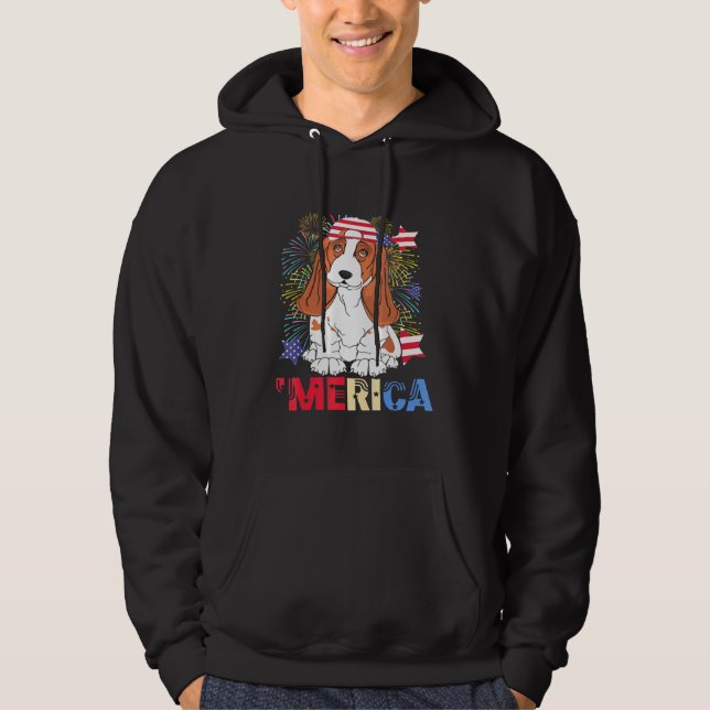 Merica Beagle US Flagga Cap Fireworks 4:e juli Pa Hoodie (Framsida)