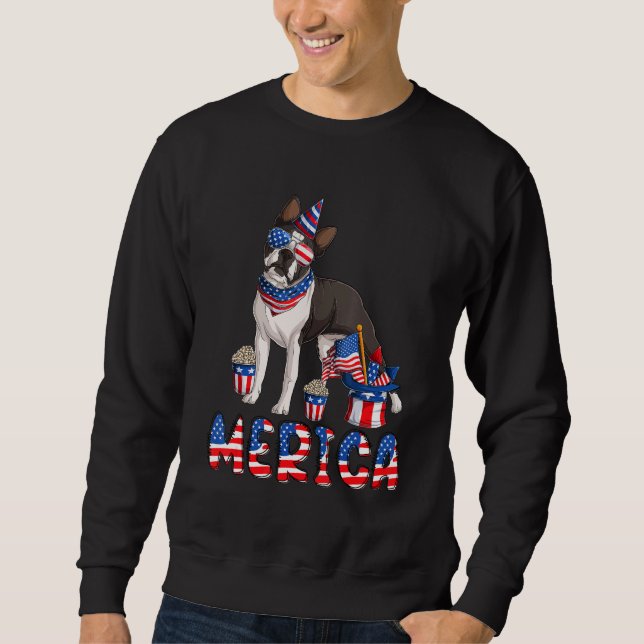Merica Boston Terrier 4:e juli Amerikanska USA Fla Lång Ärmad Tröja (Framsida)