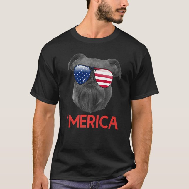 Merica Brussels Griffon American Flagga 4:e juli T Shirt (Framsida)