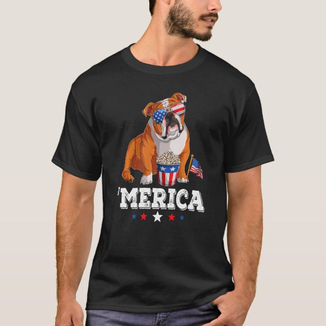 Merica Bulldog 4:e juli USA American Flagga Engli T Shirt (Framsida)