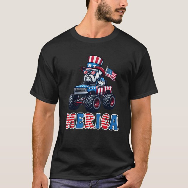 Merica Bulldog Monster Lastbil 4:e juli amerikansk T Shirt (Framsida)