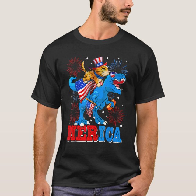 Merica Cat  Rex America Flag Dinosaurs 4th Of July T Shirt (Framsida)