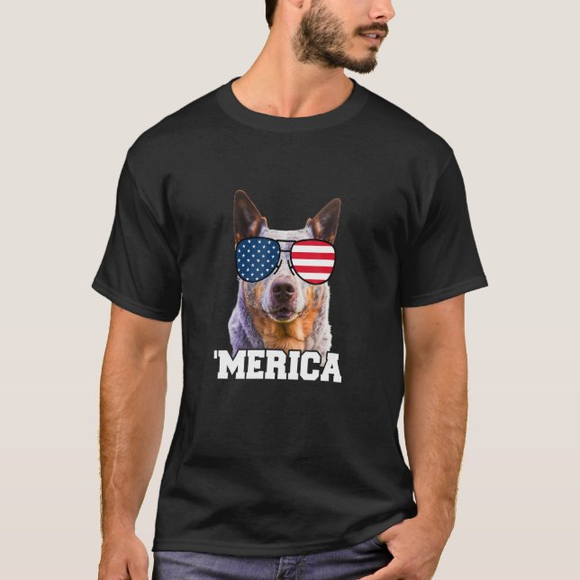 Merica Cattle Hund Heeler Sunglasses Förenta state T Shirt (Framsida)