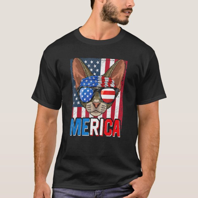 Merica Devon Rex Katt 4 juli  Amerikansk Flagga 1 T Shirt (Framsida)
