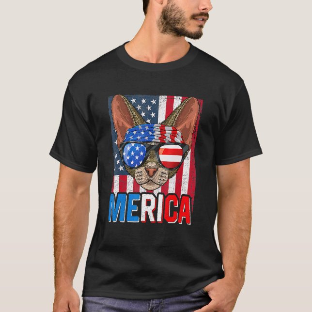 Merica Devon Rex Katt 4 juli  Amerikansk Flagga  T Shirt (Framsida)