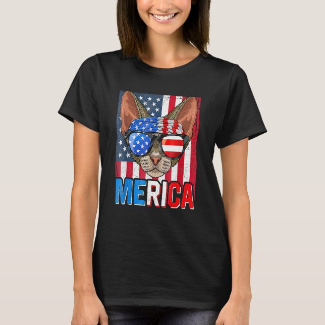 Merica Devon Rex Katt Solglasögon Usa Flagga 4:e J T Shirt (Framsida)
