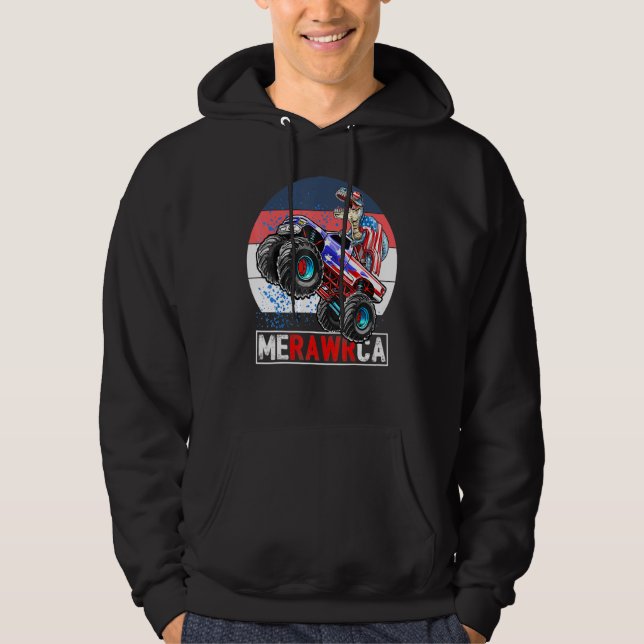 Merica Dinosaur Monster Lastbil 4:e juli Amerikans Hoodie (Framsida)