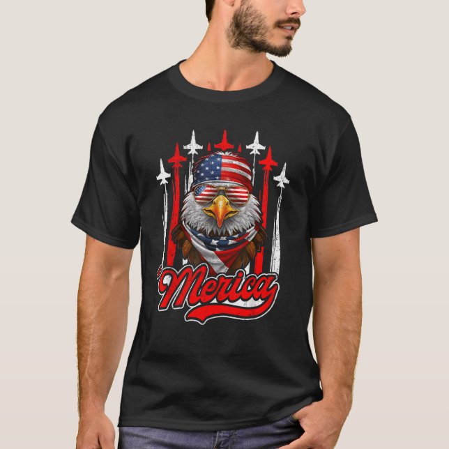 Merica Eagle-flygplan 4:e juli amerikanska Flagga  T Shirt (Framsida)