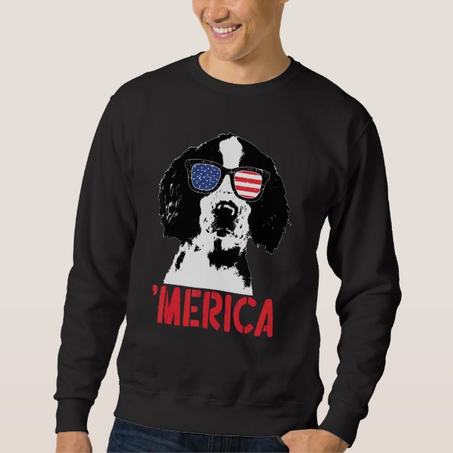 Merica Engelsk Springer Spaniel Amerikansk Flagga  Lång Ärmad Tröja (Framsida)