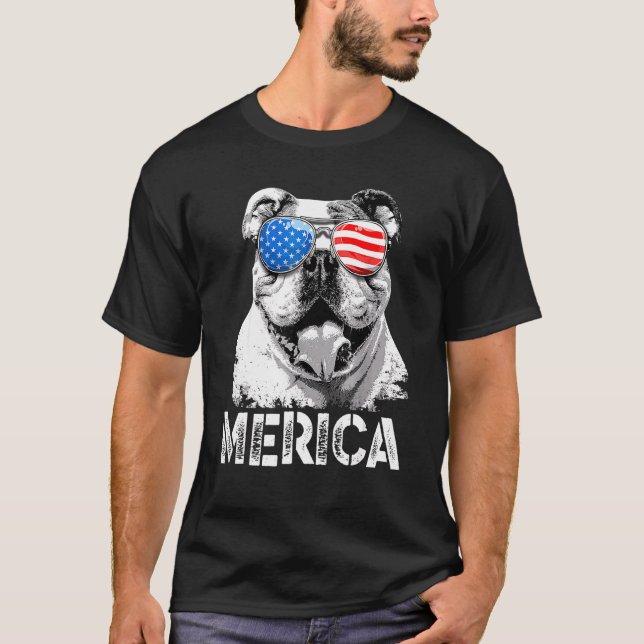 Merica English Bulldog Patriotic American USA flag T Shirt (Framsida)