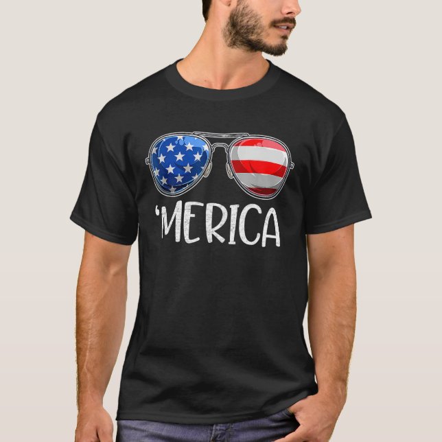 Merica Flag Sunglasses  Patriotic 4th of July Men  T Shirt (Framsida)