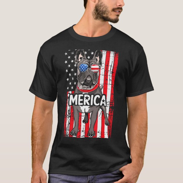 Merica Fransk Bulldog Usa American Flagga Hund 4 T Shirt (Framsida)
