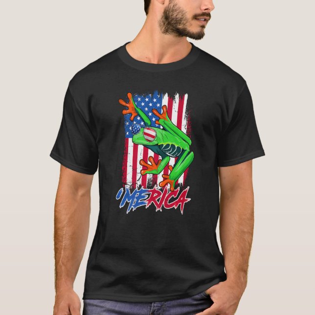 Merica Frog with American Flagga Sunglass 4th of J T Shirt (Framsida)