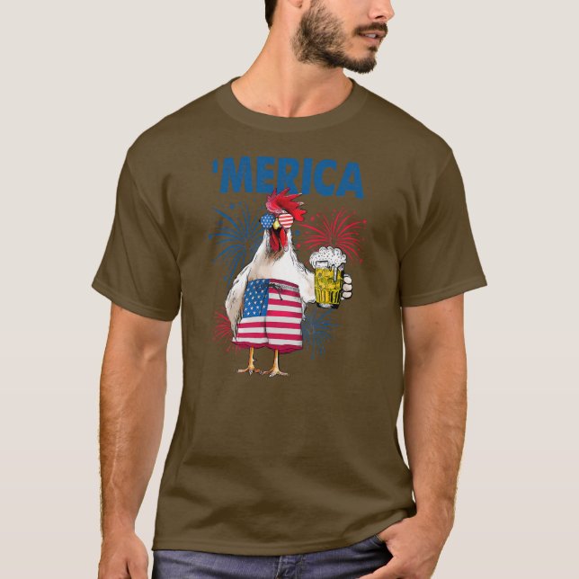 Merica Funny Chicken med öl USA flagga 4:e av T Shirt (Framsida)