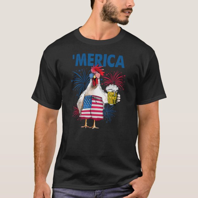 Merica Funny Chicken med öl USA flagga 4:e av T Shirt (Framsida)