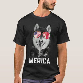 Merica Funny Siberian husky Puppy Hund American Fl T Shirt