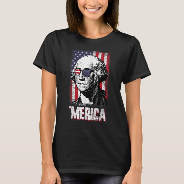 Merica George Washington 4 juli amerikanska Flagga T Shirt (Framsida)