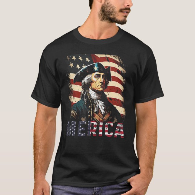 Merica George Washington American Flag 4th of July T Shirt (Framsida)