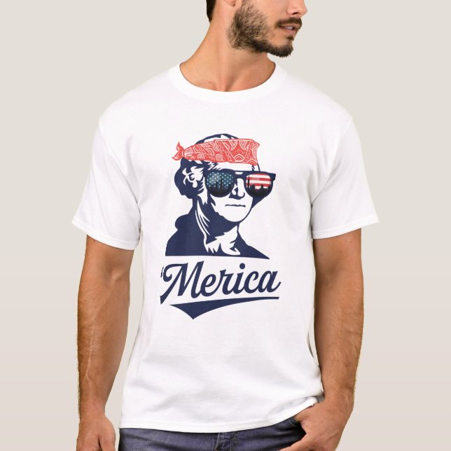 Merica George Washington Rolig Patriotisk T Shirt (Framsida)