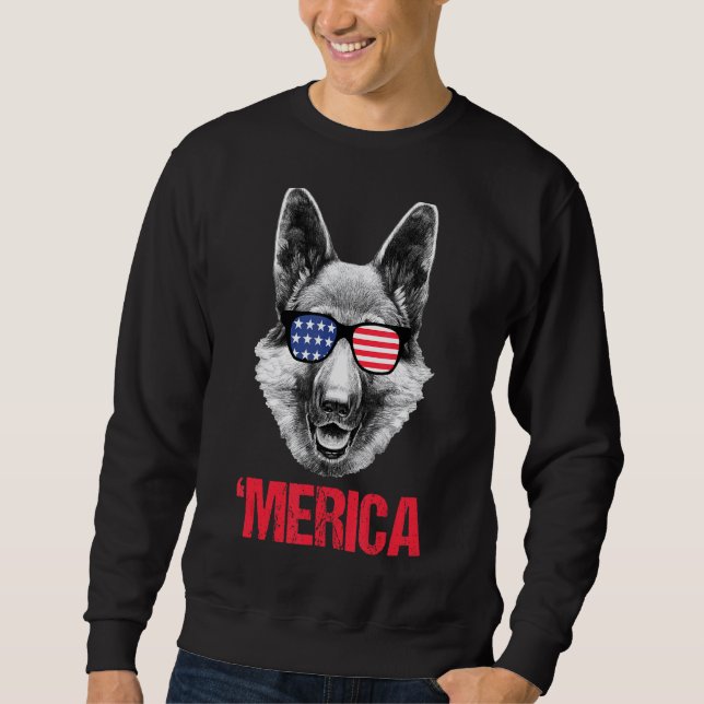 Merica German Shepherd American Flagga Sunglasses  Lång Ärmad Tröja (Framsida)