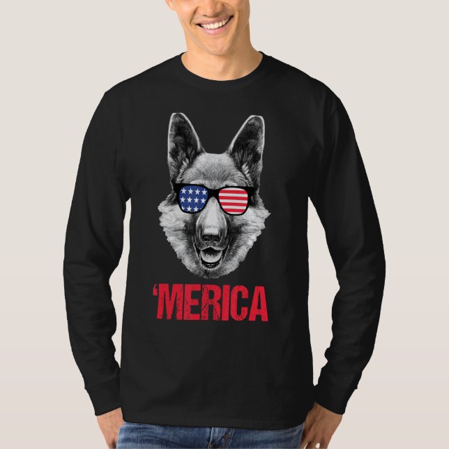 Merica German Shepherd American Flagga Sunglasses  T Shirt (Framsida)