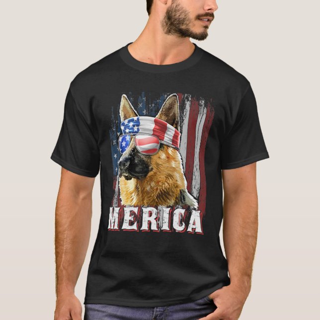 Merica German Shepherd Hund 4:e juli Amerikanska T Shirt (Framsida)