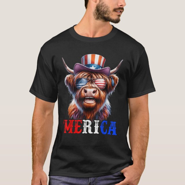 Merica Highland Cattle Patriotic 4:e juli Funny T Shirt (Framsida)