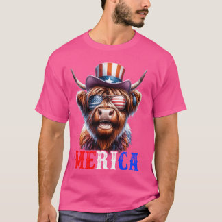 Merica Highland Cattle Patriotic 4:e juli Funny T Shirt