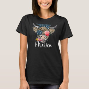 Merica Highland Ko USA Flag Glasögon Cow Girl 4 ju T Shirt