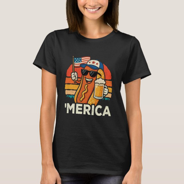 Merica Hot Dog & Beer - American Flag - Funny 4th  T Shirt (Framsida)