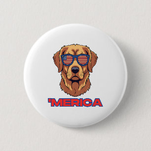 Merica Hund med USA Flagga Solglasögon Patriotisk Knapp
