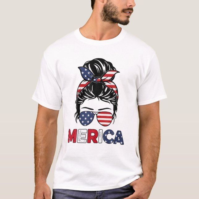 Merica Mamma Girl American Flagga Messy Bun Hair 4 T Shirt (Framsida)