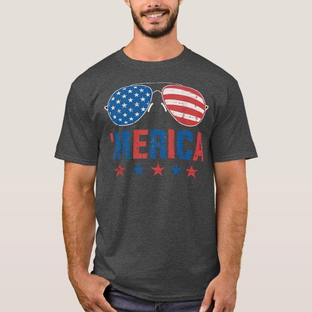 Merica med solglasögon USA flagga 4:e juli T Shirt (Framsida)