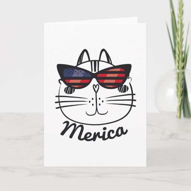 Merica Memorial Day Cat Funny American Flagga Kort (Framsida)