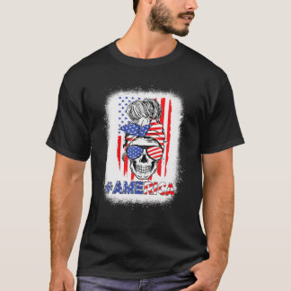 Merica Messy Bun Skull 4Th Of July American Flag W T Shirt