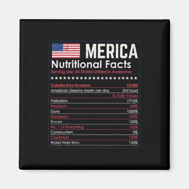 Merica Nutrition Fact Funny America 4:e juli Pa Magnet (Framsidan)