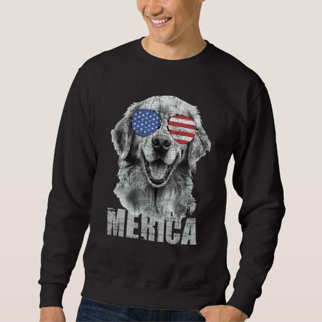Merica - Patriotic American Flagga Golden Retrieve Lång Ärmad Tröja (Framsida)