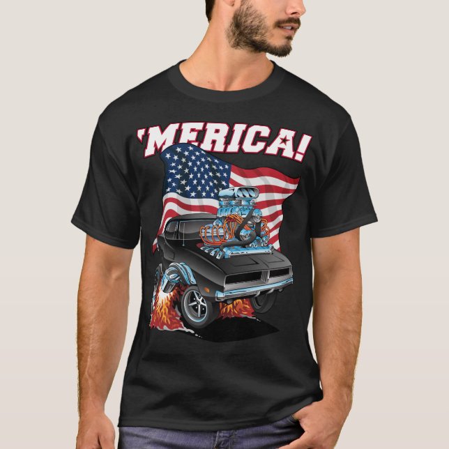 Merica Patriotic Classic Muscle Car med USA flagga T Shirt (Framsida)